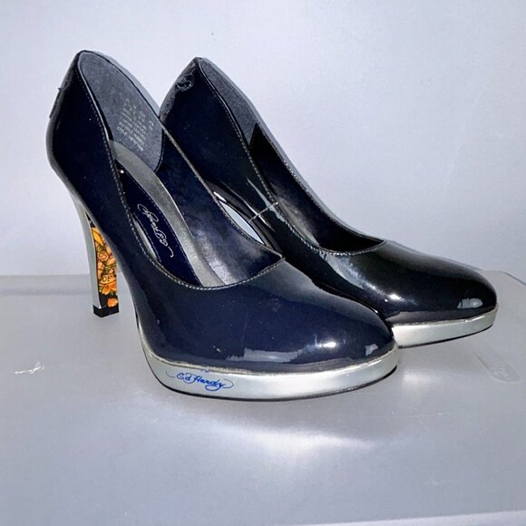 Ed Hardy Sky High Black Patent Leather Pumps Womens 9 Silver Stiletto 4" Heels - Picture 1 of 13